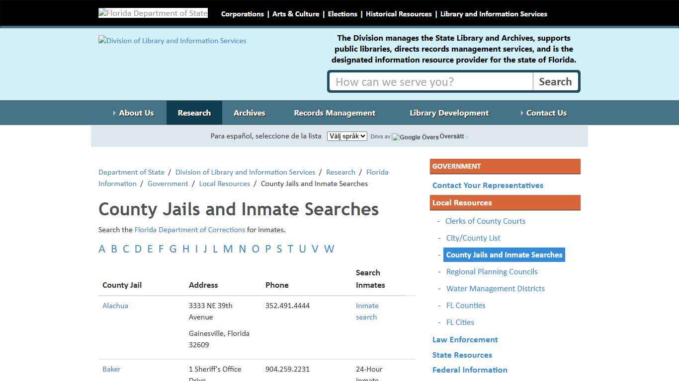 County Jails and Inmate Searches - Division of Library and Information Services - Florida Department of State
